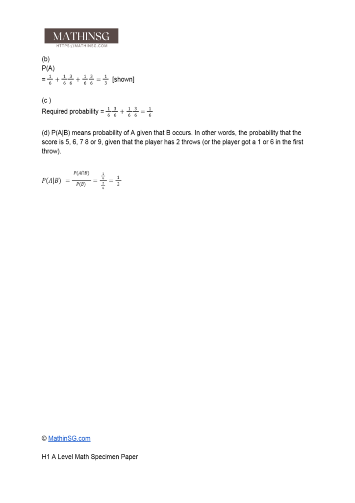 This is the worked solutions to the 2025 H1 A Level Math Specimen Paper.  Question 9 is a probability question.