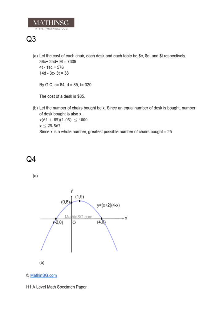 This is the worked solutions to the 2025 H1 A Level Math Specimen Paper. This is the solutions for question 3 which is a system of linear equation. Question 4 is a quadratic equation question.