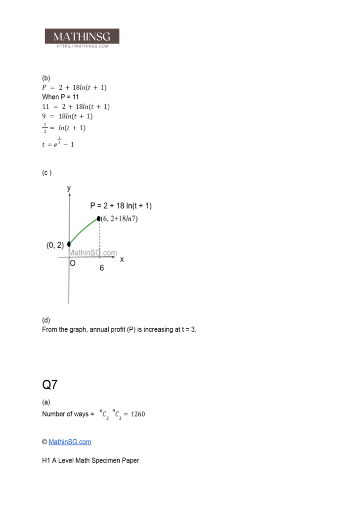 This is the worked solutions to the 2025 H1 A Level Math Specimen Paper. This is a continuation to question 6, which is a application of differentiation to maximum and minimum questions. There is also question 7, which is a permutation and combination question. This is the start of the statistic section. 