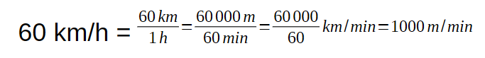 Converting 60 km/h to 1000m/min step-by-step for an example on unit conversion for speed.