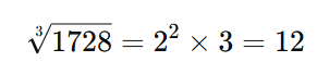 Finding cube root using prime factorisation. Hence, cube root of 1728 is 2 power 2 x 3 = 12. 